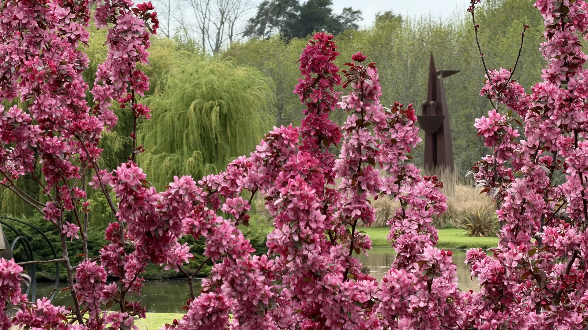 Escultura entre flores rosas